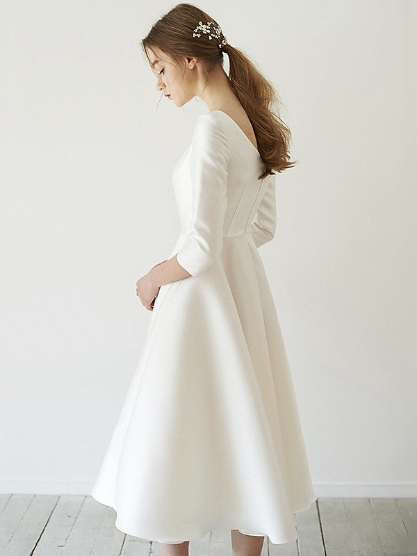 Scoop Neck Tea-Length Wedding Dress with 3/4 Sleeves in A-Line/Princess Style