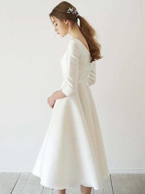 Scoop Neck Tea-Length Wedding Dress with 3/4 Sleeves in A-Line/Princess Style