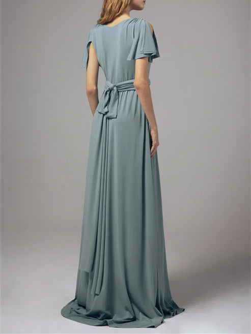 V-Neck A-Line Princess Floor-Length Chiffon Wedding Guest Dress with Short Sleeves
