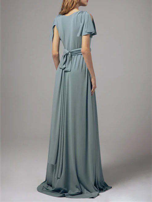 V-Neck A-Line Princess Short-Sleeve Floor-Length Chiffon Dress for Wedding Guests