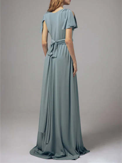 V-Neck A-Line Princess Short-Sleeve Floor-Length Chiffon Dress for Wedding Guests