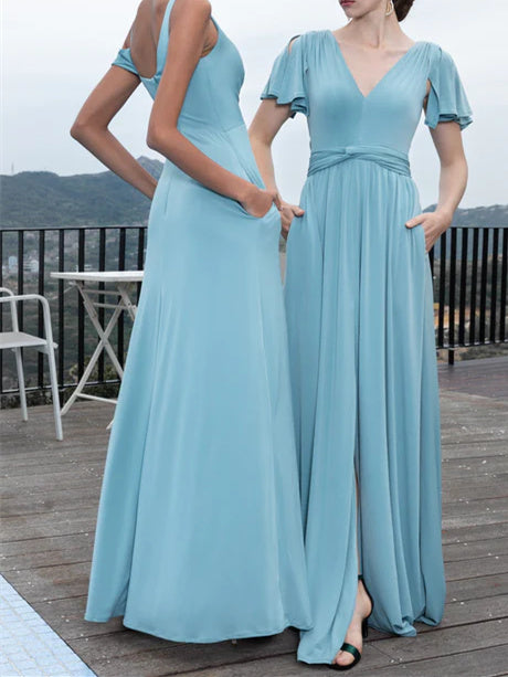 V-Neck A-Line Princess Short-Sleeve Floor-Length Chiffon Dress for Wedding Guests