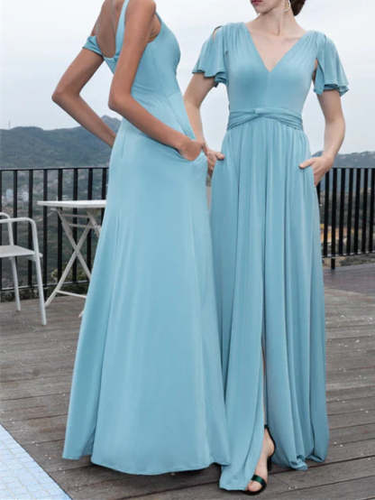 V-Neck A-Line Princess Short-Sleeve Floor-Length Chiffon Dress for Wedding Guests