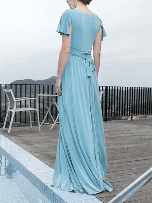 V-Neck A-Line Princess Short-Sleeve Floor-Length Chiffon Dress for Wedding Guests