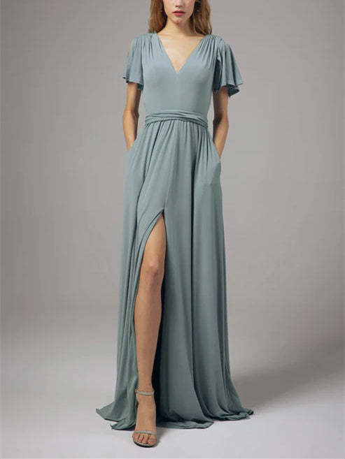 V-Neck A-Line Princess Short-Sleeve Floor-Length Chiffon Dress for Wedding Guests
