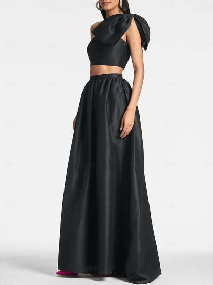 One-Shoulder Satin A-Line Floor-Length Wedding Guest Dress with Pocket Bow(s)