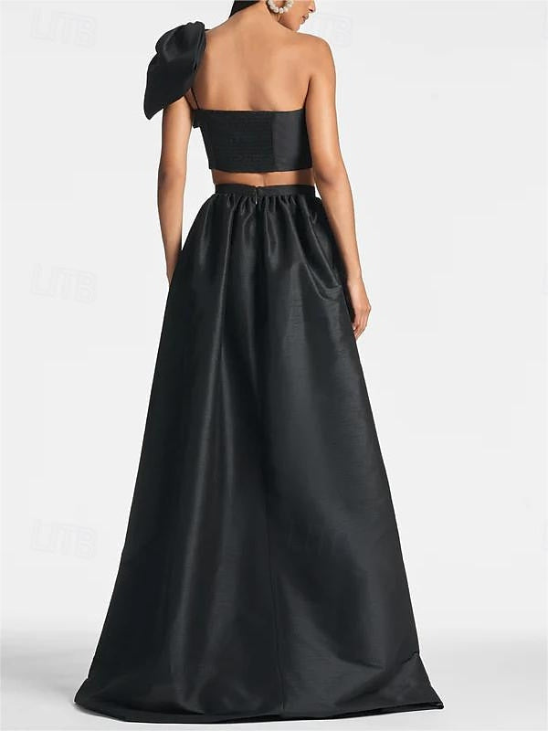 One-Shoulder Satin A-Line Floor-Length Wedding Guest Dress with Pocket Bow(s)