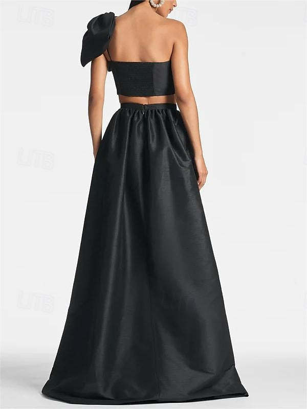 One-Shoulder Satin A-Line Floor-Length Wedding Guest Dress with Pocket Bow(s)