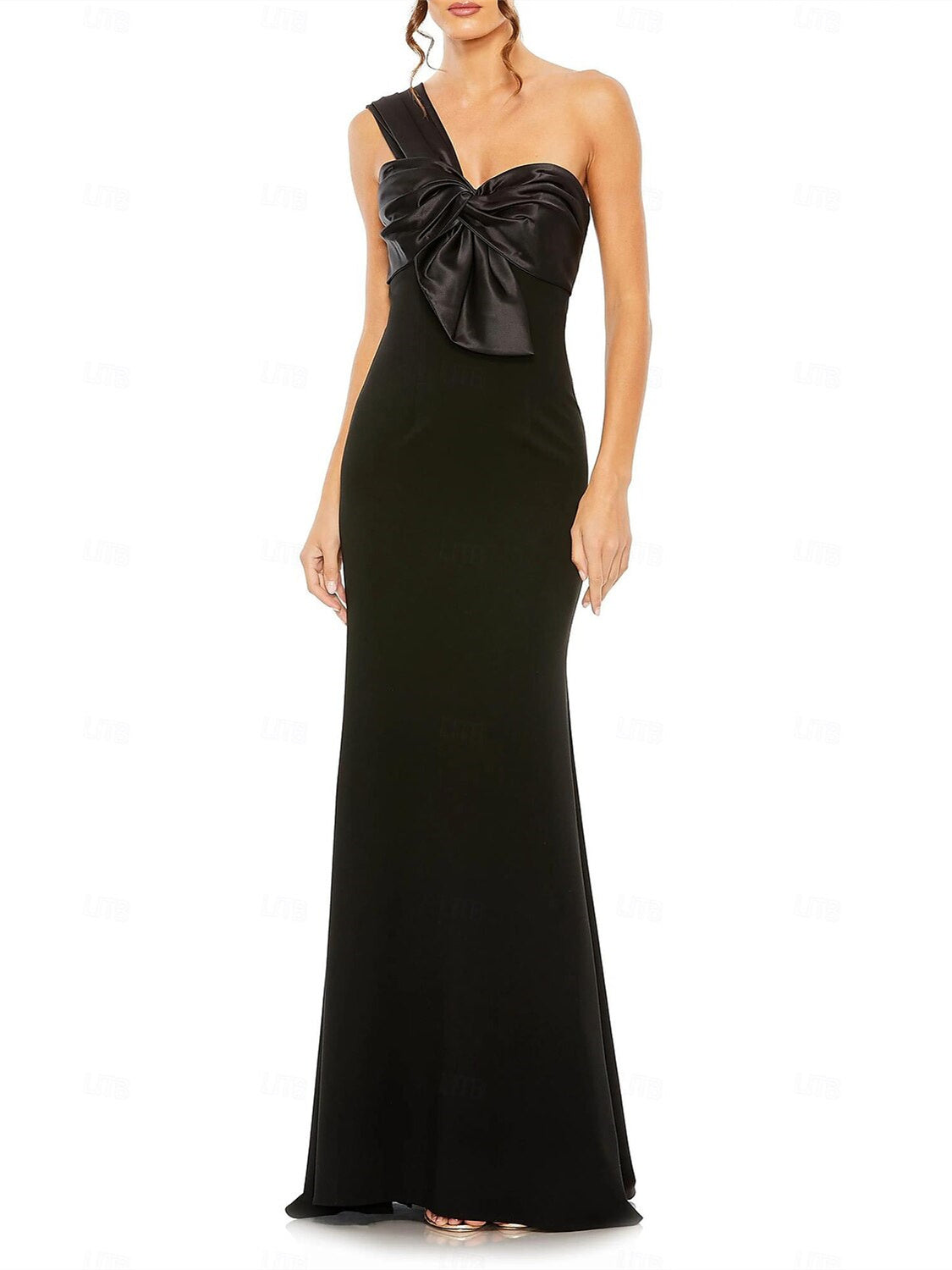 One-Shoulder Sleeveless Floor-Length Wedding Guest Dress in Stretch Crepe with Bow(s)
