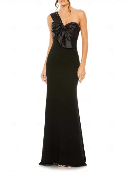 One-Shoulder Sleeveless Floor-Length Wedding Guest Dress in Stretch Crepe with Bow(s)