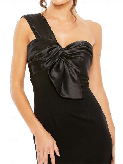 One-Shoulder Sleeveless Floor-Length Wedding Guest Dress in Stretch Crepe with Bow(s)
