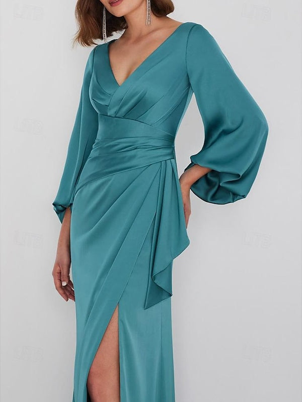 Long Sleeve V-Neck A-Line Wedding Guest Dress in Ruched Charmeuse