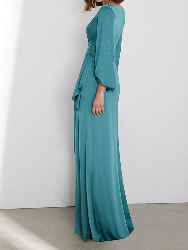 Long Sleeve V-Neck A-Line Wedding Guest Dress in Ruched Charmeuse