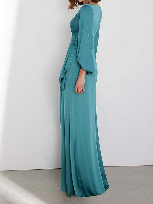 Long Sleeve V-Neck A-Line Wedding Guest Dress in Ruched Charmeuse