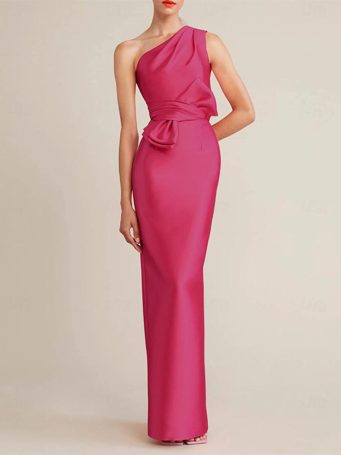 Sleeveless One-Shoulder Satin Wedding Guest Dress with Bow(s) and Pocket