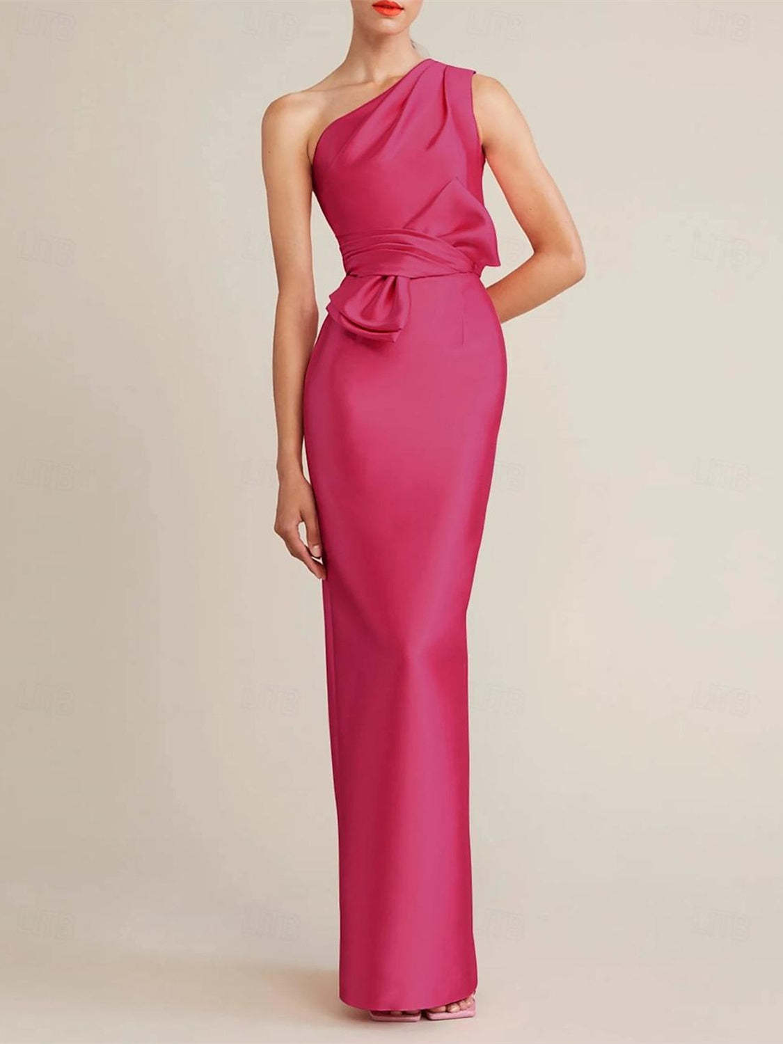 Sleeveless One-Shoulder Satin Wedding Guest Dress with Bow(s) and Pocket