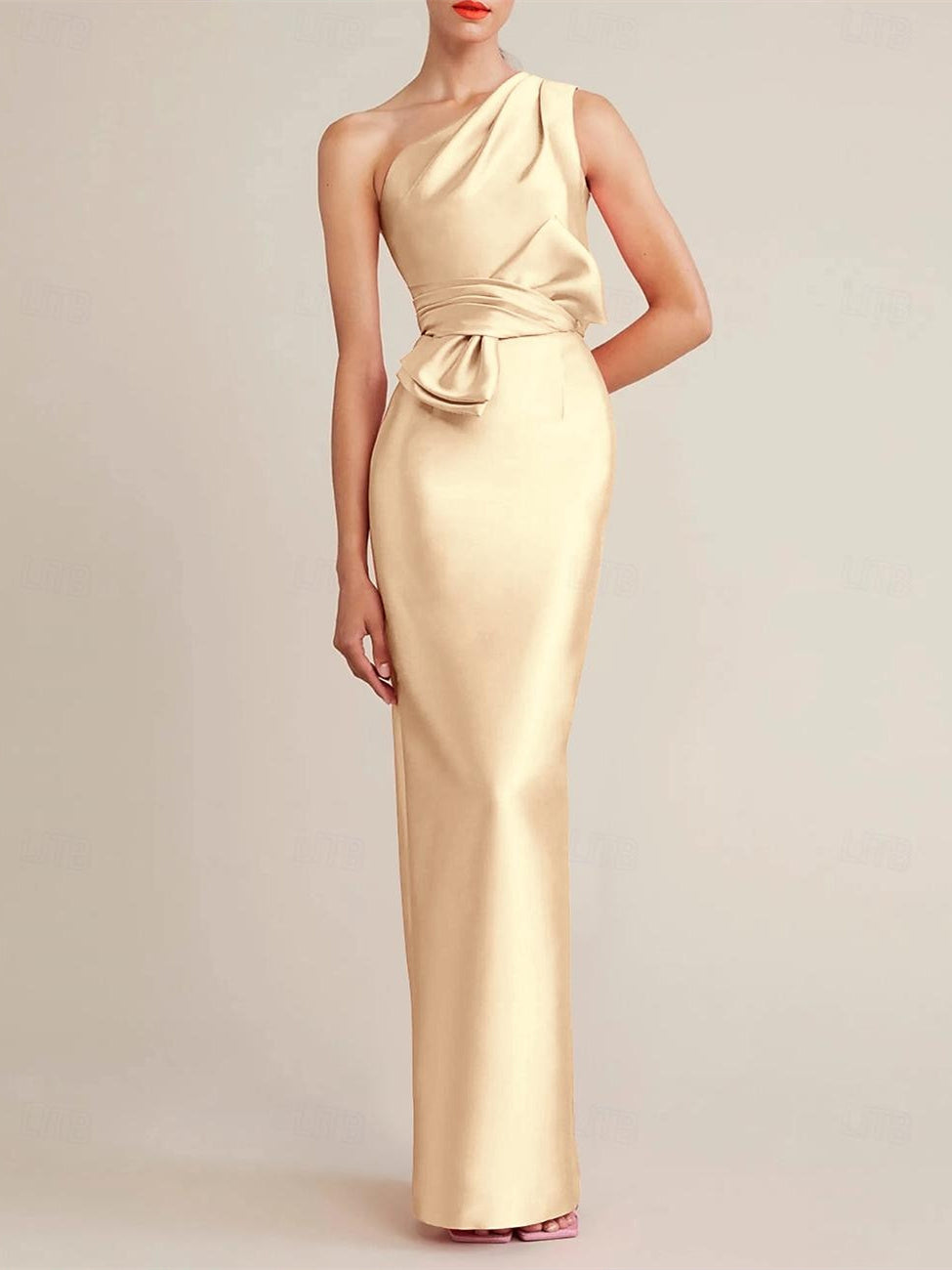 Sleeveless One-Shoulder Satin Wedding Guest Dress with Bow(s) and Pocket