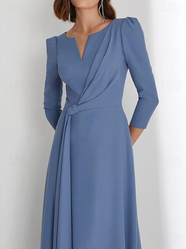 Floor-Length V-Neck Wedding Guest Dress with 3/4 Sleeves and Criss-Cross Ruching