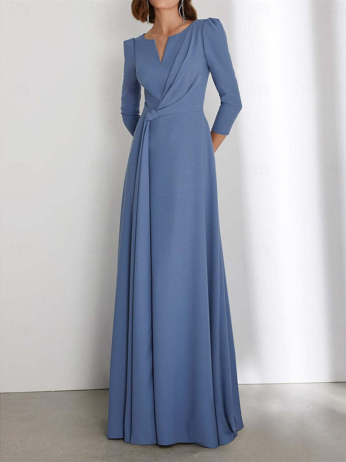 Floor-Length V-Neck Wedding Guest Dress with 3/4 Sleeves and Criss-Cross Ruching