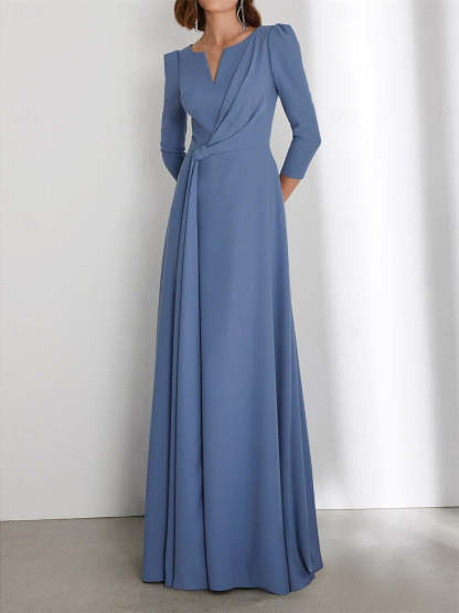 Floor-Length V-Neck Wedding Guest Dress with 3/4 Sleeves and Criss-Cross Ruching