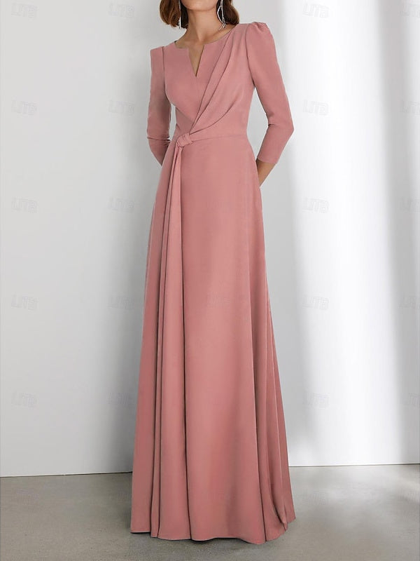 Floor-Length V-Neck Wedding Guest Dress with 3/4 Sleeves and Criss-Cross Ruching