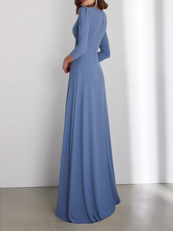 Floor-Length V-Neck Wedding Guest Dress with 3/4 Sleeves and Criss-Cross Ruching