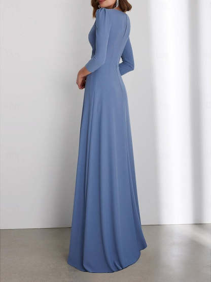 Floor-Length V-Neck Wedding Guest Dress with 3/4 Sleeves and Criss-Cross Ruching