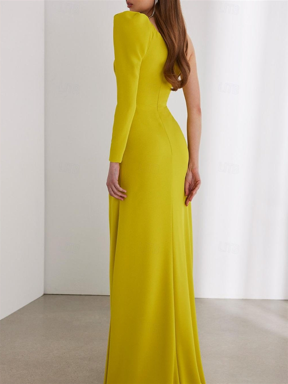 One Shoulder Long Sleeve Chiffon Wedding Guest Dress with Ruched Detail