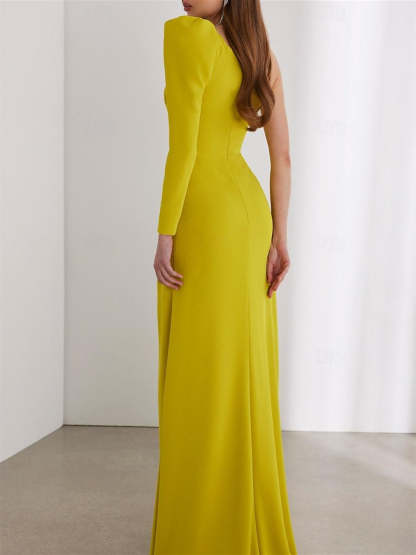 One Shoulder Long Sleeve Chiffon Wedding Guest Dress with Ruched Detail