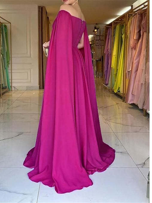 Off-Shoulder Sleeveless Chiffon Wedding Guest Dress with A-Line Sweep Train and Pleated Cape