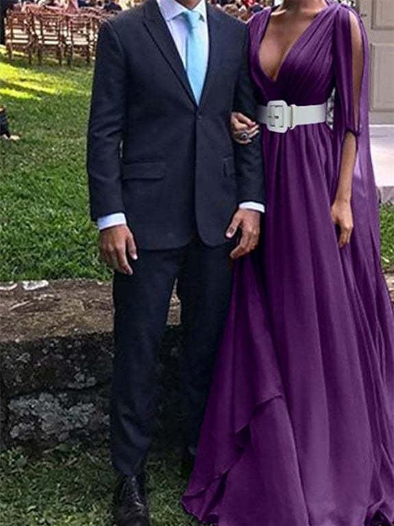 V-neck chiffon wedding guest dress with belt long sleeves and A-line floor-length silhouette