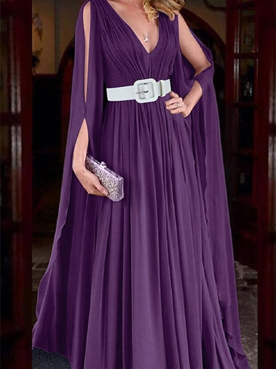 V-neck chiffon wedding guest dress with belt long sleeves and A-line floor-length silhouette