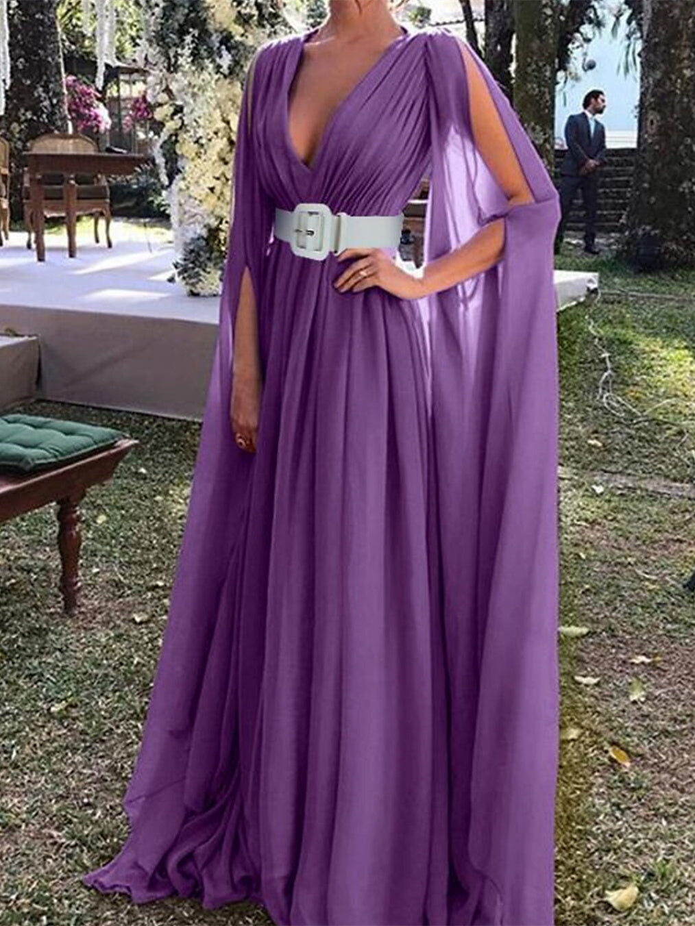 V-neck chiffon wedding guest dress with belt long sleeves and A-line floor-length silhouette