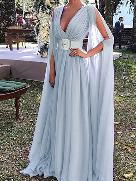 V-neck chiffon wedding guest dress with belt long sleeves and A-line floor-length silhouette