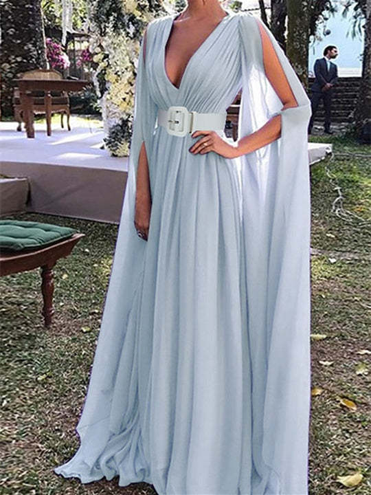 V-neck chiffon wedding guest dress with belt long sleeves and A-line floor-length silhouette