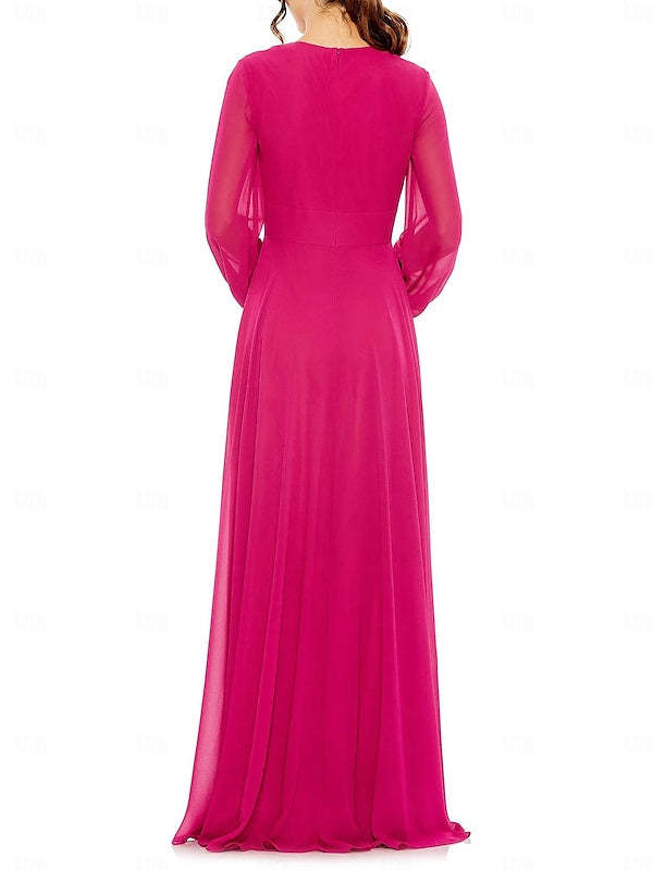 V-Neck Chiffon A-Line Floor-Length Wedding Guest Dress with Pleated Long Sleeves