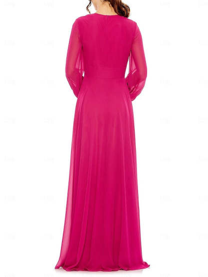 V-Neck Chiffon A-Line Floor-Length Wedding Guest Dress with Pleated Long Sleeves