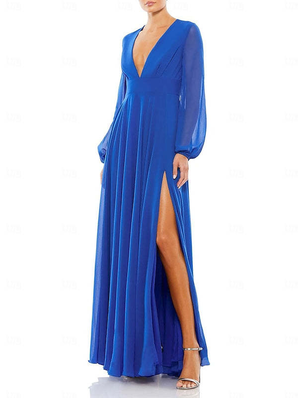 V-Neck Chiffon A-Line Floor-Length Wedding Guest Dress with Pleated Long Sleeves
