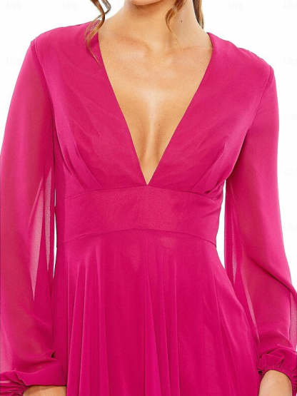 V-Neck Chiffon A-Line Floor-Length Wedding Guest Dress with Pleated Long Sleeves