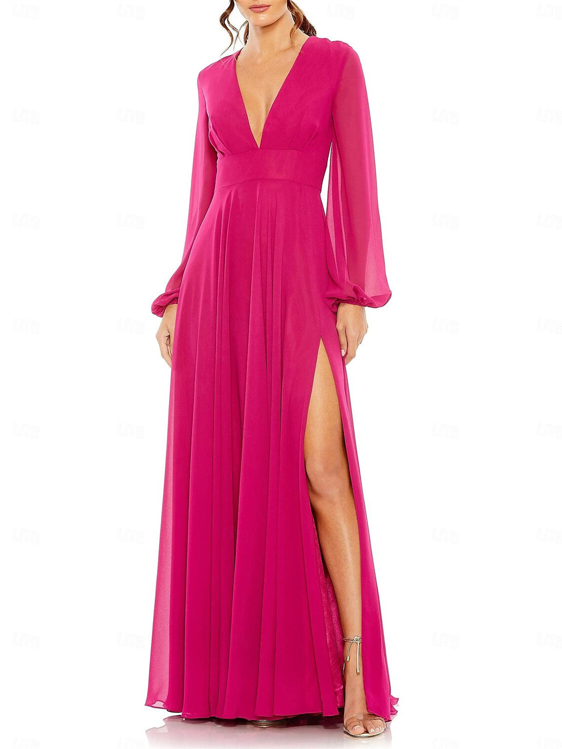 V-Neck Chiffon A-Line Floor-Length Wedding Guest Dress with Pleated Long Sleeves