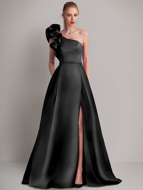 One-Shoulder Satin A-Line Wedding Guest Dress with Pocket and Shoulder Flower
