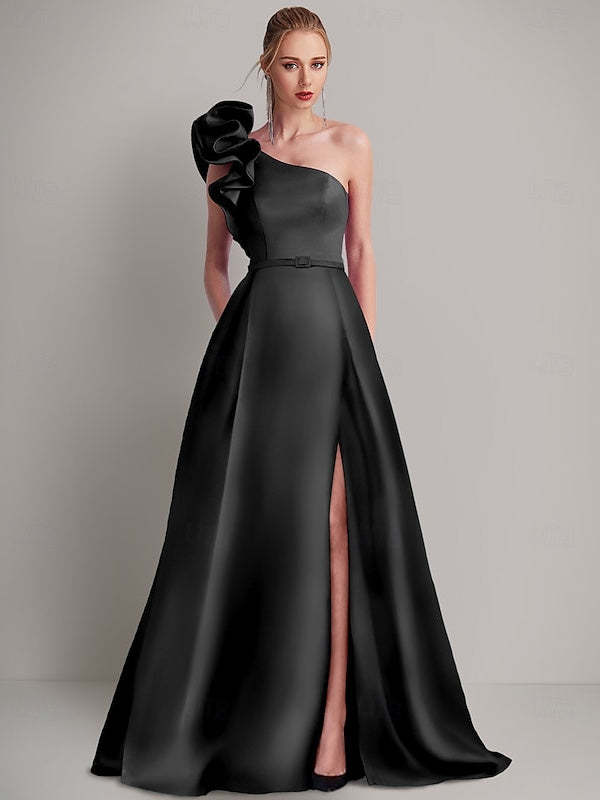 One-Shoulder Satin A-Line Wedding Guest Dress with Pocket and Shoulder Flower