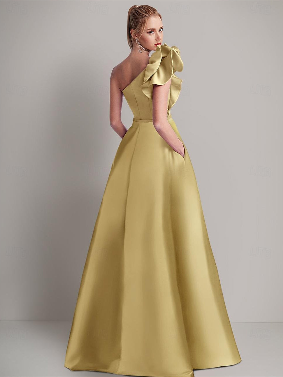 One-Shoulder Satin A-Line Wedding Guest Dress with Pocket and Shoulder Flower