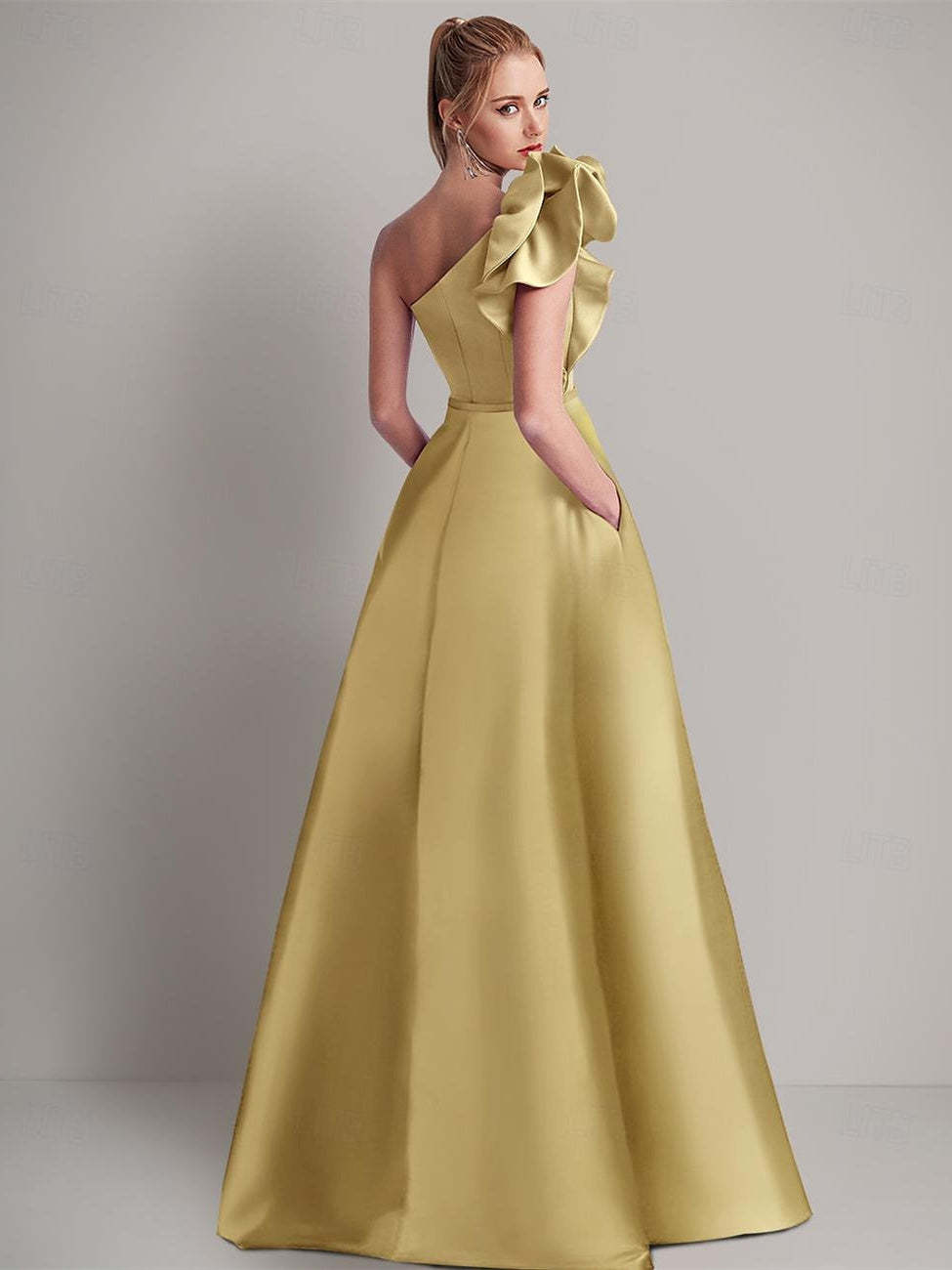 One-Shoulder Satin A-Line Wedding Guest Dress with Pocket and Shoulder Flower