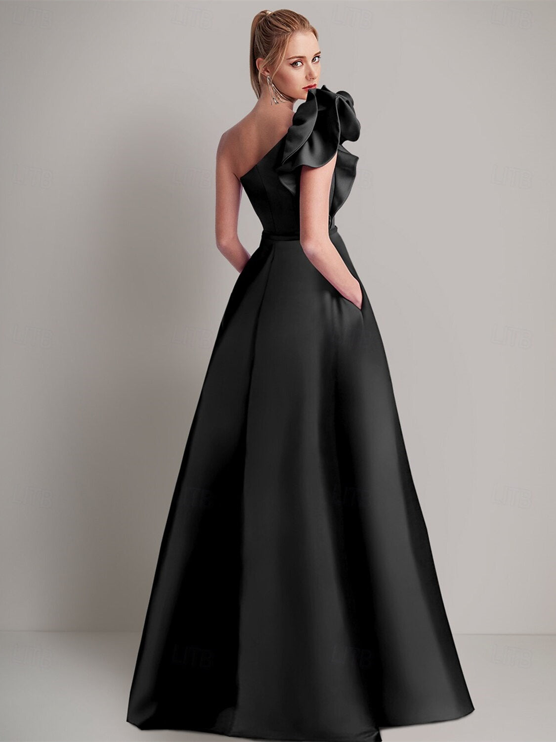 One-Shoulder Satin A-Line Wedding Guest Dress with Pocket and Shoulder Flower