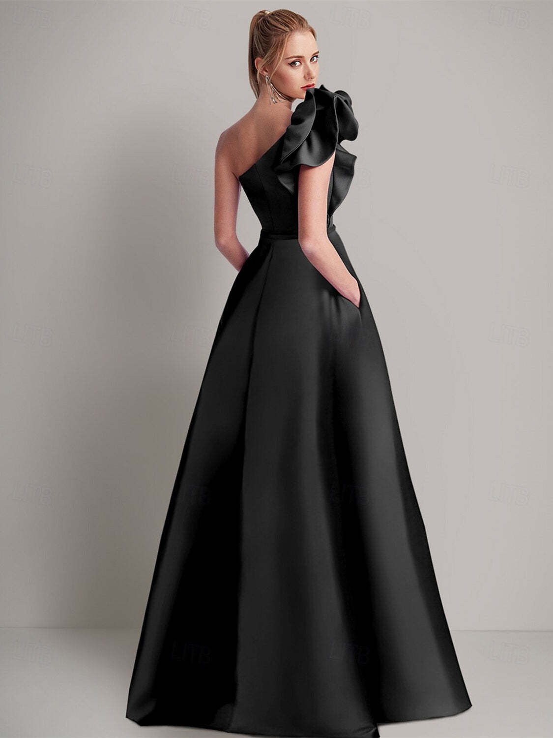 One-Shoulder Satin A-Line Wedding Guest Dress with Pocket and Shoulder Flower