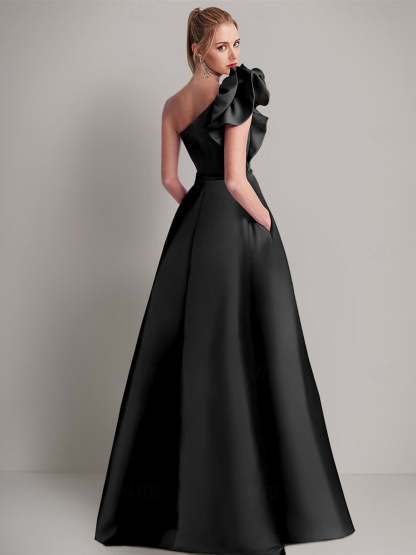 One-Shoulder Satin A-Line Wedding Guest Dress with Pocket and Shoulder Flower