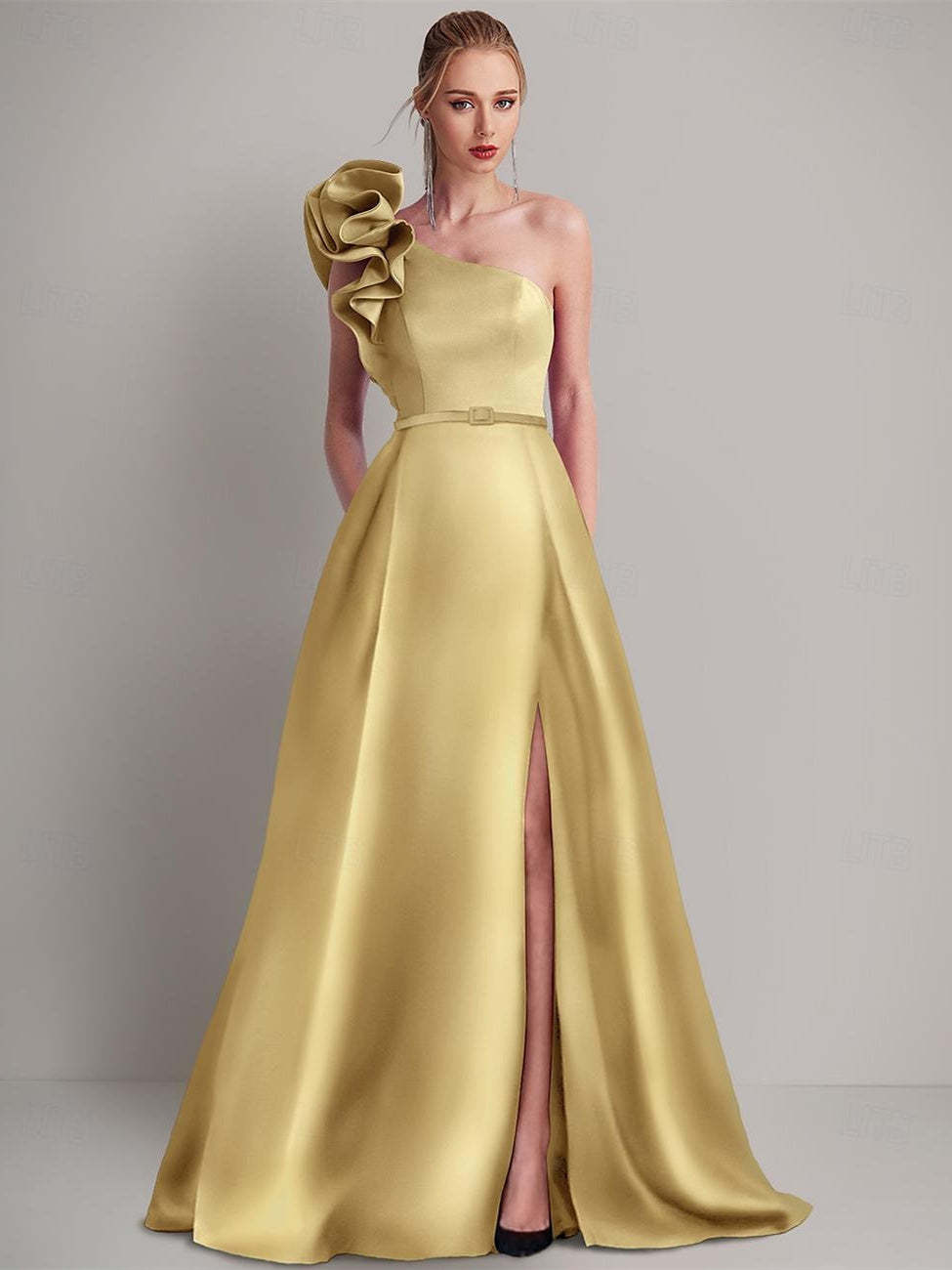 One-Shoulder Satin A-Line Wedding Guest Dress with Pocket and Shoulder Flower