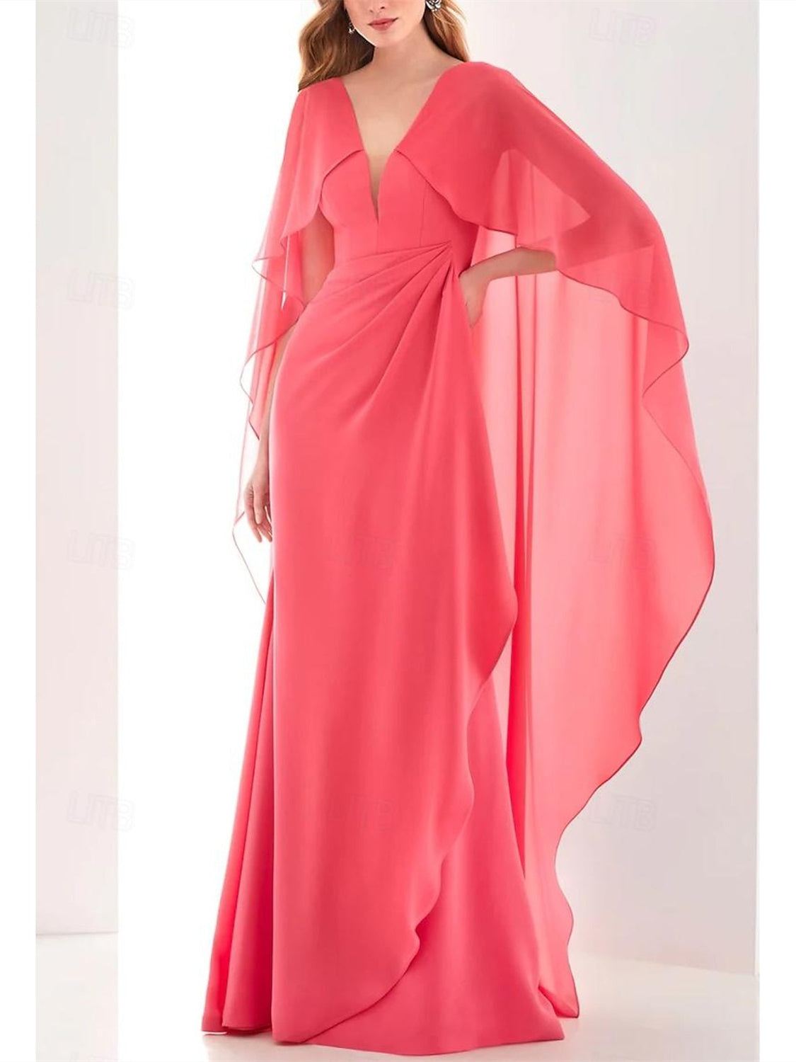 Chiffon V-Neck Wedding Guest Dress with Ruched Ruffles Long Sleeve Ankle-Length Sheath