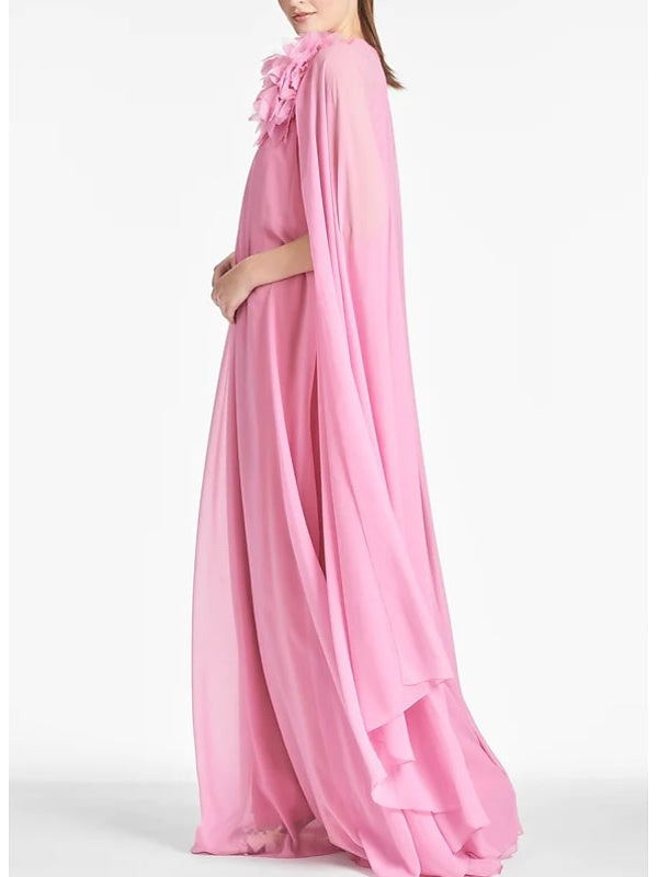 Chiffon Wedding Guest Dress with Shoulder Flower in A-Line Floor-Length Sleeveless Jewel Neck